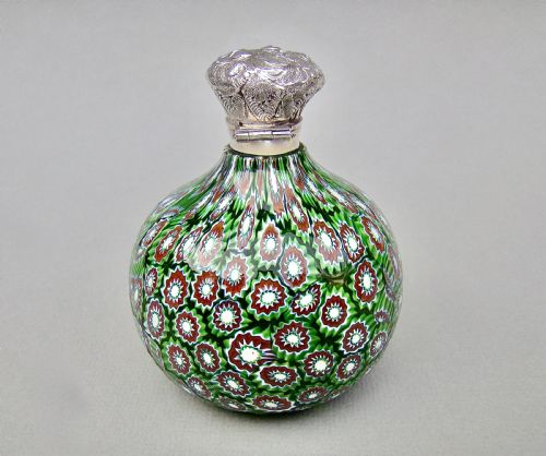 fig 1. RARE VICTORIAN SILVER MOUNTED MILLEFIORI GLASS SCENT BOTTLE, CIRCA 1890