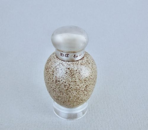 fig 1. RARE VICTORIAN SILVER & PORCELAIN SPECKLED EGG SCENT BOTTLE BY SAUNDERS & SHEPHERD, BIRMINGHAM 1885