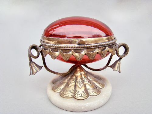 French Palais Royal Egg-shaped Ruby Glass Casket with Gilt Ormulu Mounts, Circa 1860