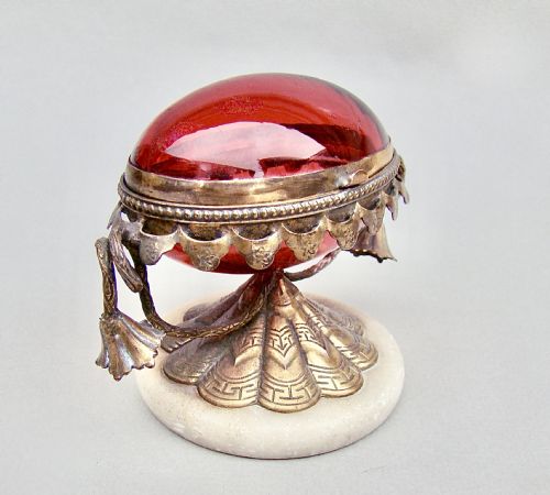 fig 1. FRENCH PALAIS ROYAL EGG-SHAPED RUBY GLASS CASKET WITH GILT ORMULU MOUNTS, CIRCA 1860