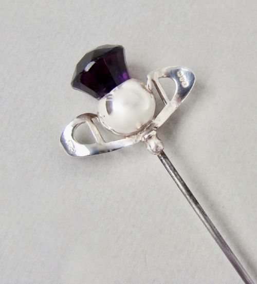 Charles Horner Art Deco Silver & Amethyst Glass Hat Pin, Chester 1923
