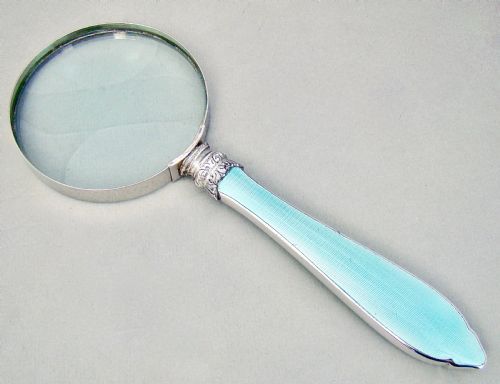 Stunning Art Deco Silver & Guilloche Enamel Large Desk Magnifying Glass by William Yates, Birmingham 1931