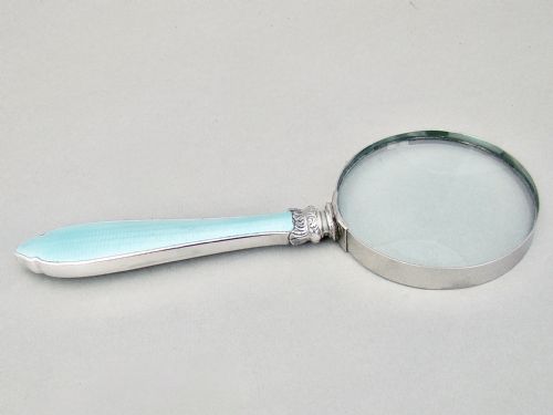 fig 1. STUNNING ART DECO SILVER & GUILLOCHE ENAMEL LARGE DESK MAGNIFYING GLASS BY WILLIAM YATES, BIRMINGHAM 1931