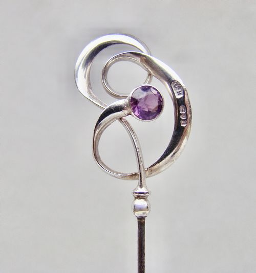 Exquisite Art Nouveau Silver & Amethyst Glass 9" Hat Pin by Charles Horner, Chester 1909