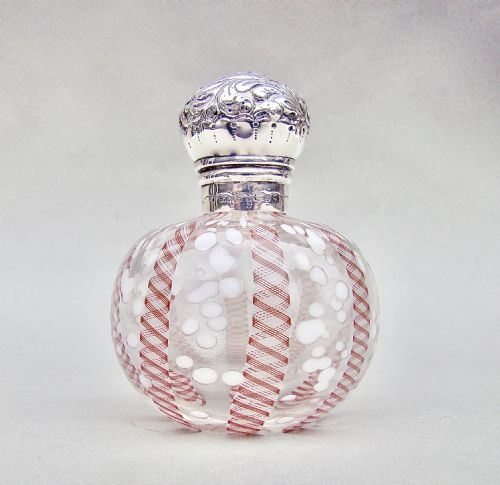 Victorian Silver Mounted Latticino Glass Scent Bottle by John Grinsell & Sons, London 1893