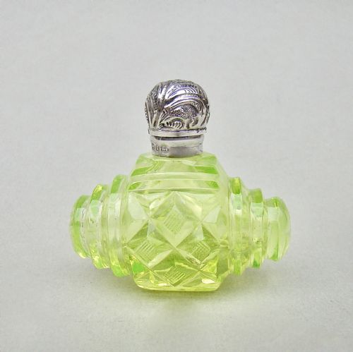 Charming Victorian Silver and Uranium Glass Scent Bottle by Charles May, Birmingham 1899