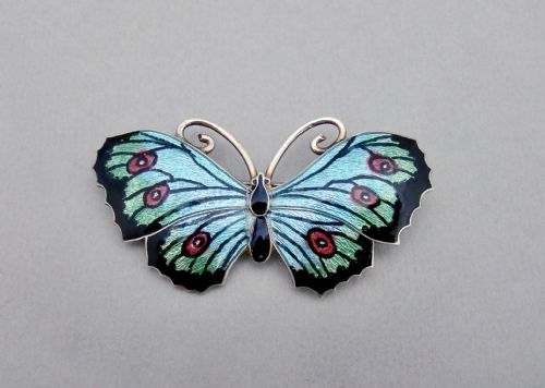 Art Deco Silver & Guilloche Enamel Butterfly Brooch by Thomas Lyster Mott, Birmingham 1919
