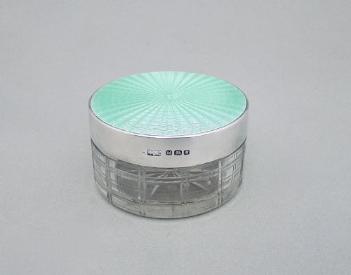 Fabulous Mappin & Webb Silver & Guilloche Enamel Dressing Table Jar, London 1947