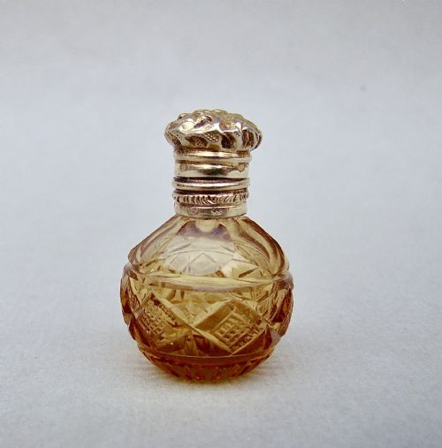 fig 1. RARE MINIATURE 19TH C. FRENCH SILVER GILT & AMBER GLASS SCENT BOTTLE, CIRCA 1870