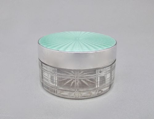 fig 2. FABULOUS MAPPIN & WEBB SILVER & GUILLOCHE ENAMEL DRESSING TABLE JAR, LONDON 1947