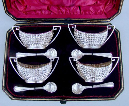 Fabulous Cased Set of Four Victorian Silver Salt Cellars by James Dixon & Sons, Sheffield 1889