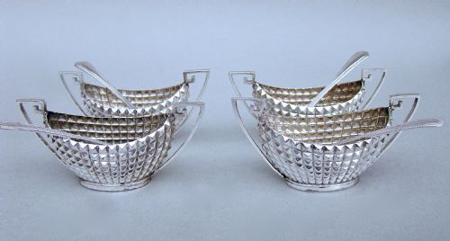 fig 1. FABULOUS CASED SET OF FOUR VICTORIAN SILVER SALT CELLARS BY JAMES DIXON & SONS, SHEFFIELD 1889