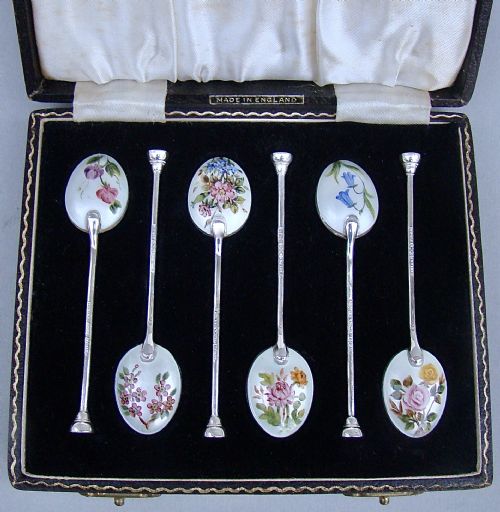 Cased Set of Six "Botanical" Guilloche Enamel Coffee Spoons by Henry Clifford Davis, Birmingham 1957