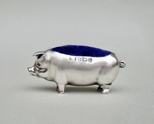 Small Edwardian Silver Pig Pin Cushion by Levi & Salaman, Birmingham 1905
