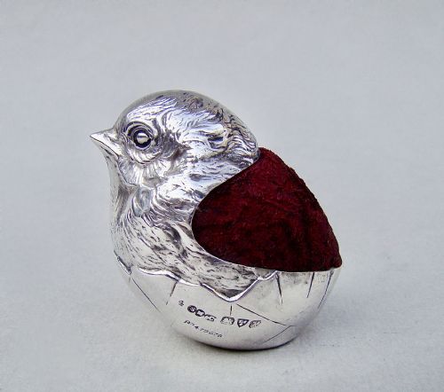 Superb Edwardian  Silver "Hatching Chick" Pin Cushion by Sampson Mordan & Co, Chester 1908