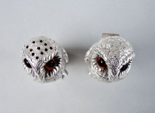 fig 3. RARE SOLID SILVER OWL CRUET SET BY R. COMYNS, LONDON 1965