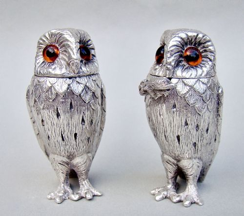 Rare Solid Silver Owl Cruet Set by R. Comyns, London 1965