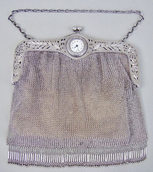 Rare & Fabulous Art Deco Silver Large Evening Bag Inset with Watch, Circa 1930