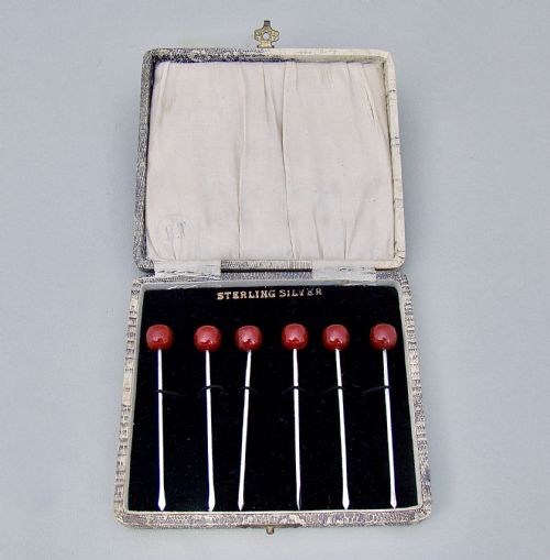 Cased Set of Art Deco Sterling Silver Cocktail Cherry Sticks, Circa 1930