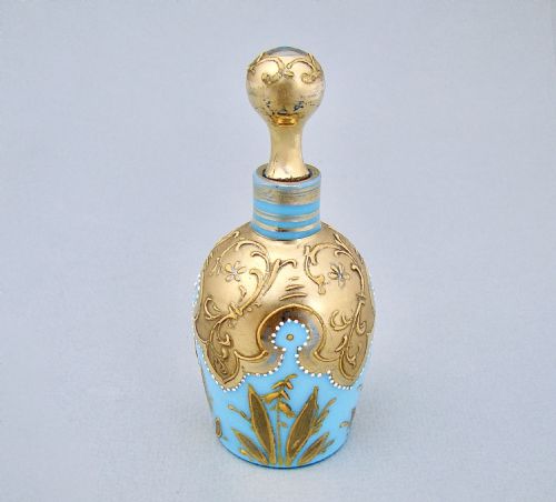 fig 1. SUPER 19TH C. MOSER TURQUOISE OPALINE AND GILT GLASS SCENT BOTTLE, CIRCA 1890