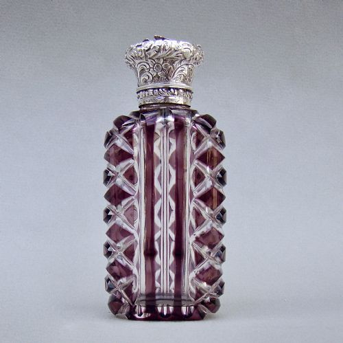 fig 1. RARE VICTORIAN SILVER AND AMETHYST OVERLAY BOHEMIAN GLASS SCENT BOTTLE, CIRCA 1890