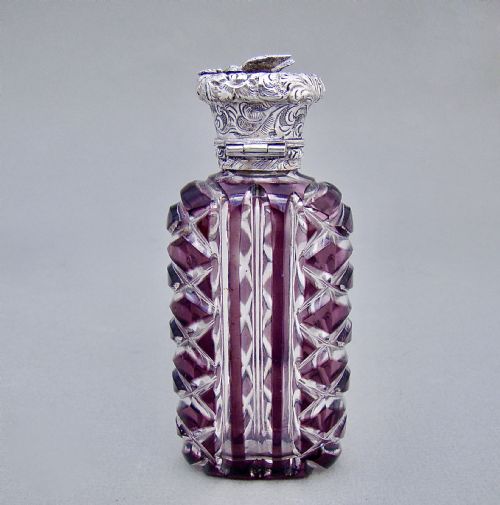 fig 2. RARE VICTORIAN SILVER AND AMETHYST OVERLAY BOHEMIAN GLASS SCENT BOTTLE, CIRCA 1890