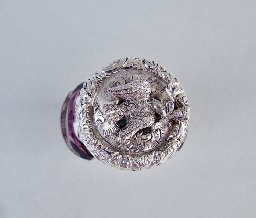 fig 3. RARE VICTORIAN SILVER AND AMETHYST OVERLAY BOHEMIAN GLASS SCENT BOTTLE, CIRCA 1890