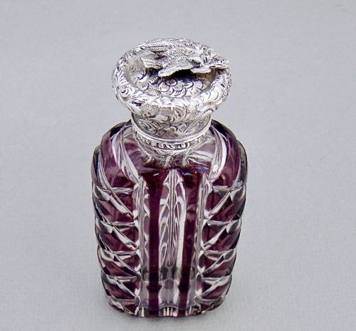 Rare Victorian Silver and Amethyst Overlay Bohemian Glass Scent Bottle, Circa 1890