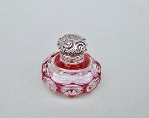 Exquisite Victorian Silver Mounted Cranberry Glass Vinaigrette, Circa 1890