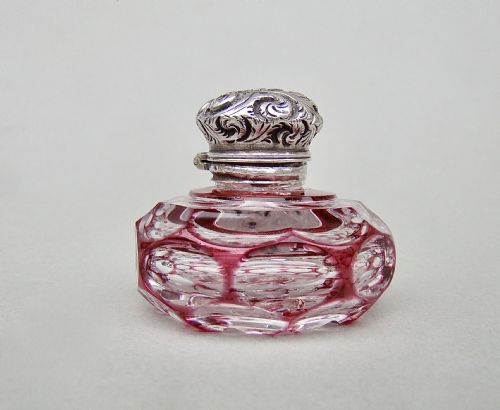 fig 1. EXQUISITE VICTORIAN SILVER MOUNTED CRANBERRY GLASS VINAIGRETTE, CIRCA 1890