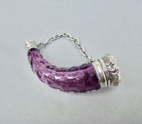 fig 1. RARE VICTORIAN SILVER CORNUCOPIA AMETHYST GLASS SCENT BOTTLE, CIRCA 1870