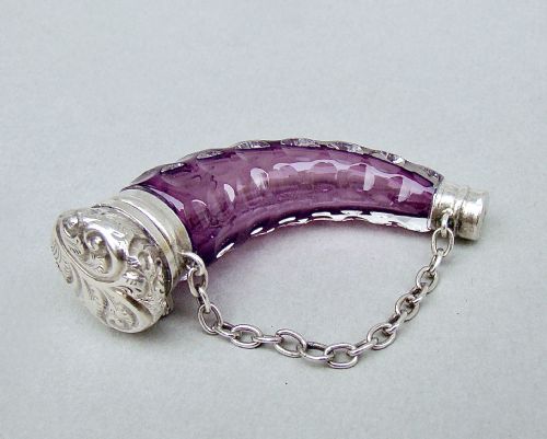 fig 2. RARE VICTORIAN SILVER CORNUCOPIA AMETHYST GLASS SCENT BOTTLE, CIRCA 1870