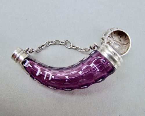 fig 3. RARE VICTORIAN SILVER CORNUCOPIA AMETHYST GLASS SCENT BOTTLE, CIRCA 1870