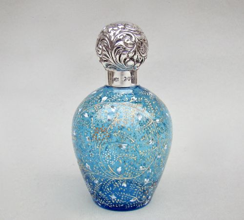Victorian Silver Lidded Turquoise Enamelled Glass Scent Bottle by Mappin & Webb,  London 1894