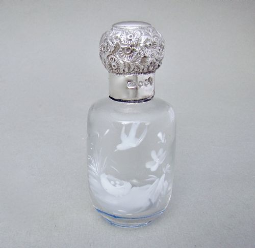 Small Silver Mounted Mary Gregory Enamelled Glass Scent Bottle by Charles May, Birmingham 1901