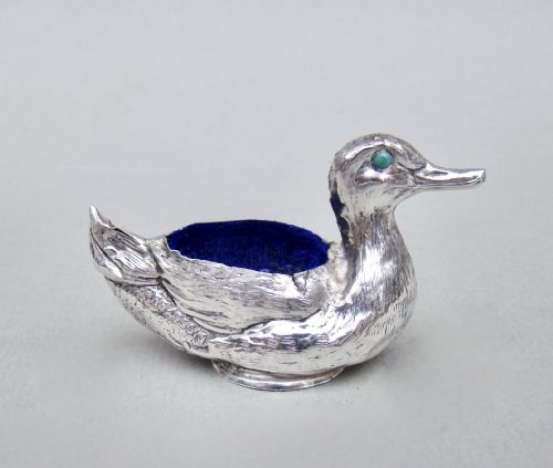 fig 1. EXQUISITE EDWARDIAN SILVER DUCK PIN CUSHION BY SYDNEY & CO, BIRMINGHAM 1906