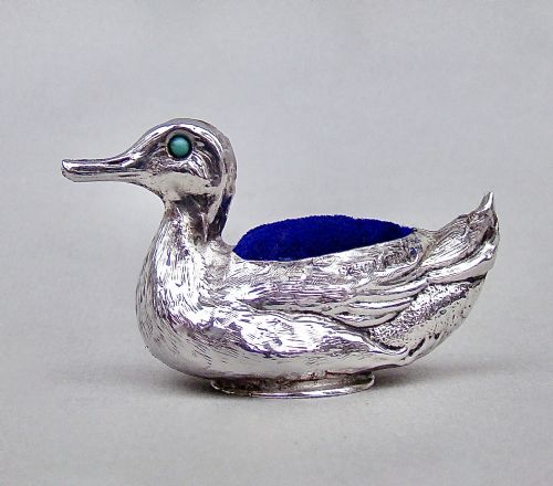Exquisite Edwardian Silver Duck Pin Cushion by Sydney & Co, Birmingham 1906