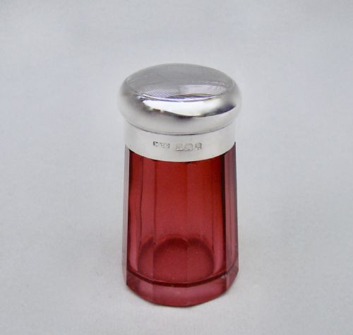 Small Silver Lidded Cranberry Glass Dressing Table Jar by W.c. Griffiths, Birmingham 1917
