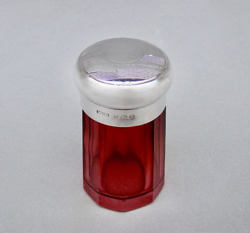 fig 1. SMALL SILVER LIDDED CRANBERRY GLASS DRESSING TABLE JAR BY W.C. GRIFFITHS, BIRMINGHAM 1917