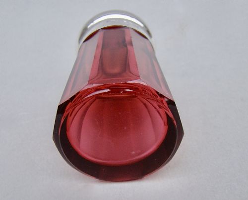 fig 2. SMALL SILVER LIDDED CRANBERRY GLASS DRESSING TABLE JAR BY W.C. GRIFFITHS, BIRMINGHAM 1917