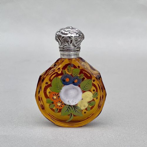 Charming Victorian Silver and Enamelled Amber Glass Scent Bottle, Circa 1890
