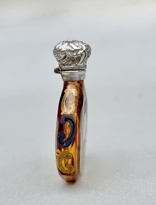 fig 3. CHARMING VICTORIAN SILVER AND ENAMELLED AMBER GLASS SCENT BOTTLE, CIRCA 1890

