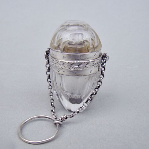 19th C. French Silver Mounted Egg-shaped Crystal Glass Scent Bottle