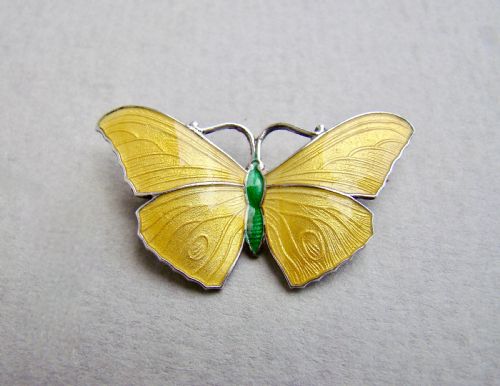 Small Sterling Silver & Yellow Enamel Butterfly Brooch, Circa 1930