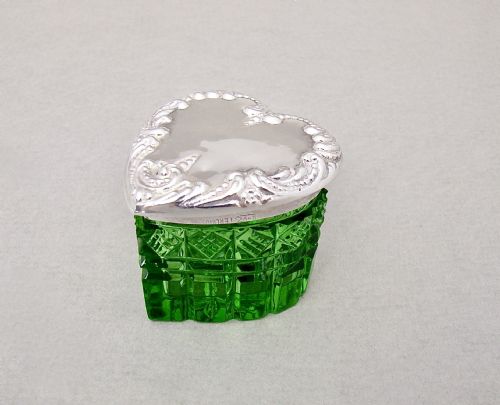 Unusual Sterling Silver &  Green Glass Heart-shaped Pill Box , Circa 1910