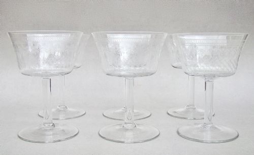 Set of Six Art Deco Etched Pall Mall Champagne Glasses, Circa 1910