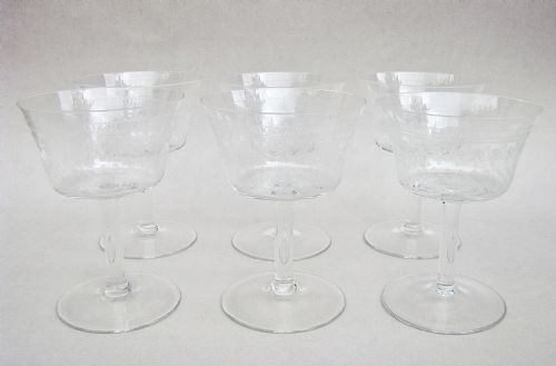 fig 1. SET OF SIX ART DECO ETCHED PALL MALL CHAMPAGNE GLASSES, CIRCA 1910