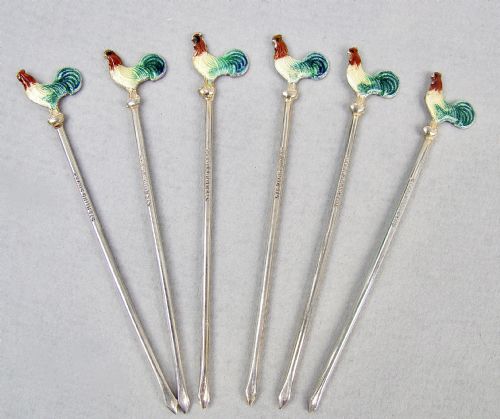 fig 1. MID-CENTURY CASED SET OF SIX STERLING SILVER ENAMELLED COCKEREL COCKTAIL STICKS, CIRCA 1950