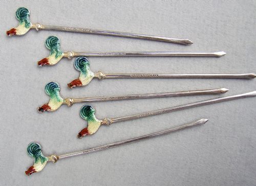 fig 2. MID-CENTURY CASED SET OF SIX STERLING SILVER ENAMELLED COCKEREL COCKTAIL STICKS, CIRCA 1950