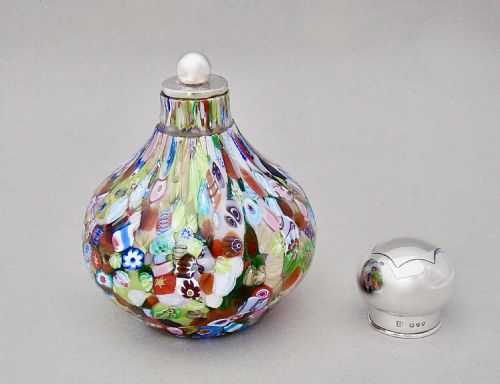 fig 2. FABULOUS VICTORIAN SILVER MOUNTED LARGE MILLEFIORI GLASS SCENT BOTTLE BY W & G NEAL, LONDON 1890